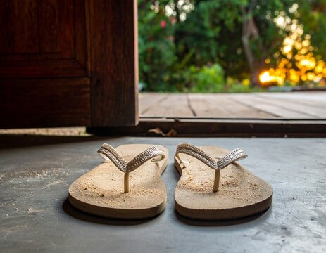 Low angle of sandy flip flop sandals by an open wooden door leading to a sunlit garden for summer experience concepts