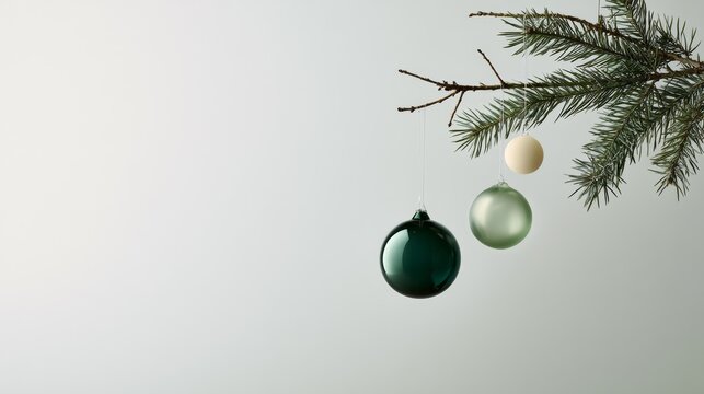Green and champagne Christmas baubles decorate a small fir branch against a neutral background, creating natural holiday copy space, refined winter decor, Christmas, New Year.