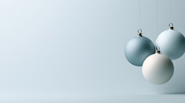 Minimal blue, gray and white hanging spheres on a pale blue background, refined contemporary decor with generous copy space. Christmas