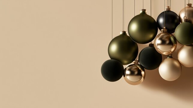 Christmas, Black, olive, bronze and champagne sphere cluster on a warm beige background, luxurious abstract decoration for premium design.
