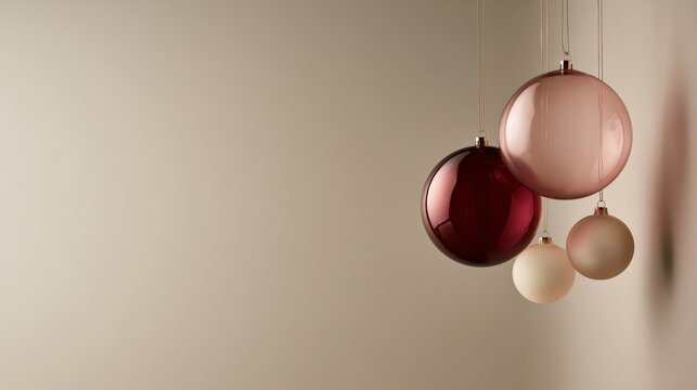 Minimal blush pink, cream and burgundy hanging spheres on a warm beige background, elegant modern decoration with copy space.