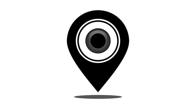 Black and white map pointer icon with shadow isolated on white background for location tracking.