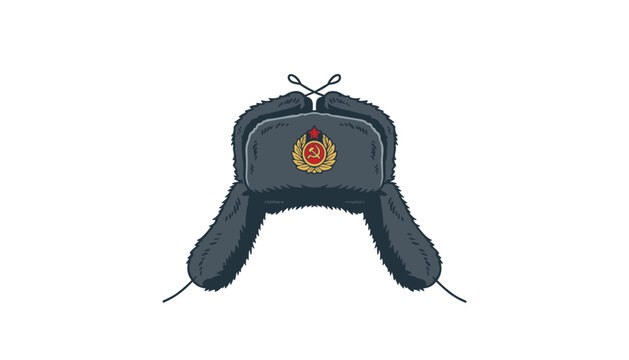 Authentic Soviet army ushanka winter fur hat with a red star hammer and sickle badge isolated on a white background.