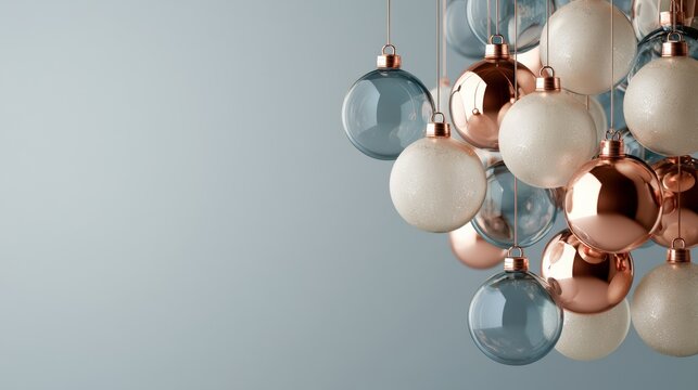 Christmas, Dense silver, white, blush and copper sphere cluster on a cool gray background, elegant premium decoration with modern depth.