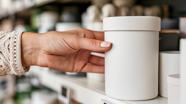Hand holding white candle jar with blank matte label in retail store