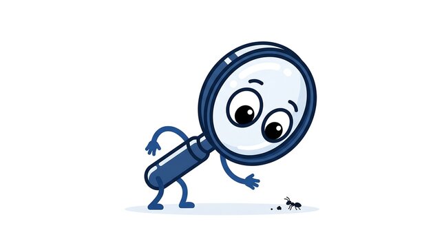 Funny cartoon magnifying glass character with legs looking at small ant on white background.