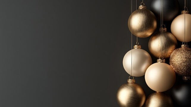 Christmas, Dense champagne, bronze and cream sphere cluster on a dark charcoal background, sophisticated luxury abstract design.