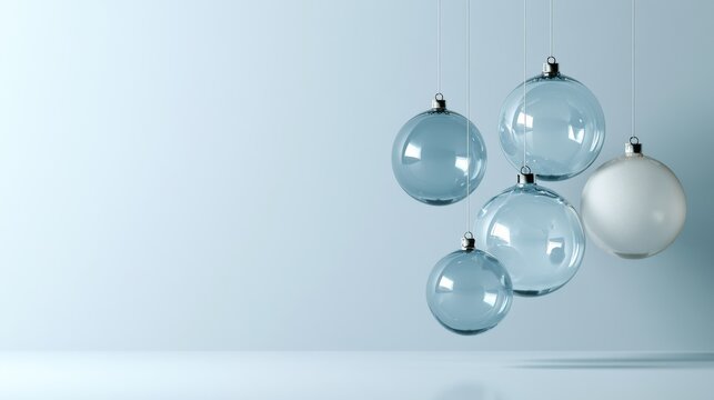 Christmas, Soft blue, silver and white hanging sphere cluster on a pale blue background, minimalist winter decoration and elegant abstract backdrop.