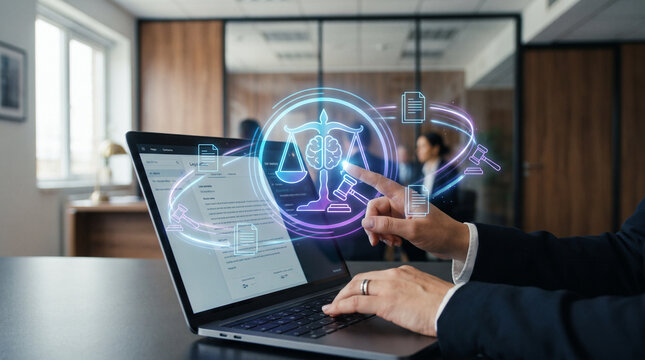 Businesswoman Touching Holographic AI Legal Assistant Document Icon on Laptop 