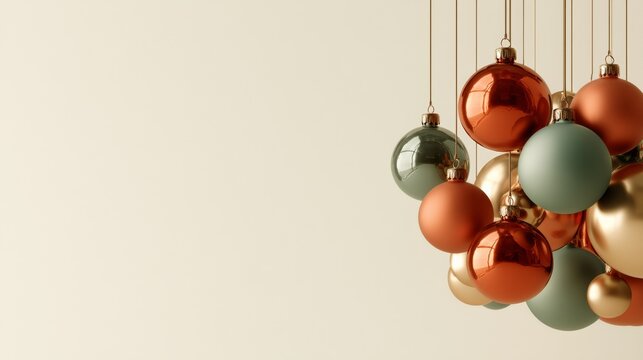 Christmas, Colorful olive, orange, copper and cream sphere cluster on a warm beige background, playful premium decoration and modern design.