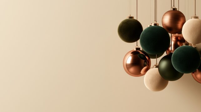 Christmas, Minimal olive, dark green, copper and cream hanging sphere cluster on a warm beige background, elegant modern decoration.