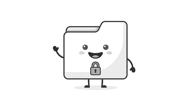 Secure folder character with padlock, a happy cartoon for confidential documents and file storage with black and white.