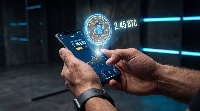 Hands Holding Smartphone for Cryptocurrency Wallet App with Holographic Coin Balance 