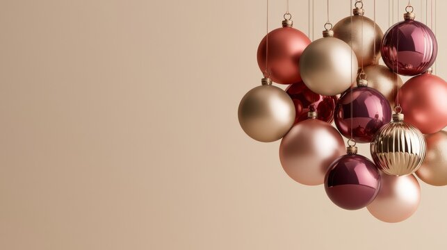 Christmas, Dense blush pink, rose, champagne and bronze sphere cluster on a warm beige background, romantic luxury decoration and festive design.