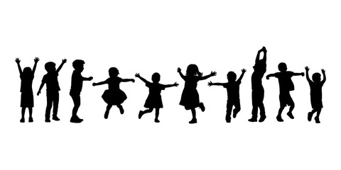Obraz premium Group of children silhouettes standing in a row with arms raised, isolated on a white background des
