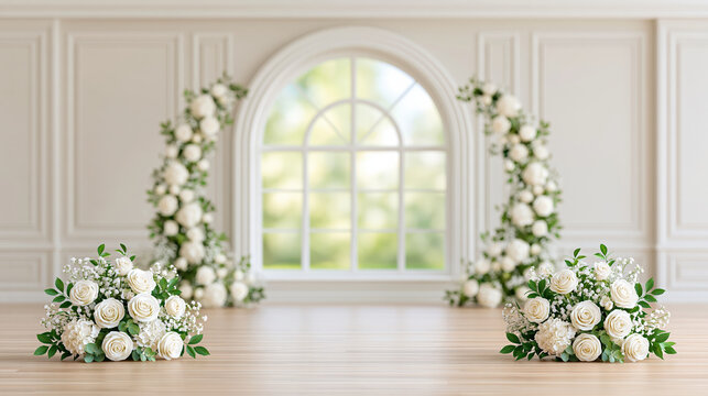 Luxury wedding ceremony aisle decorated with elegant white flower arrangement and soft natural light
