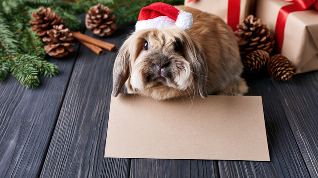 Holland Lop rabbit wearing Santa hat beside gift box and pine cone with curious expression