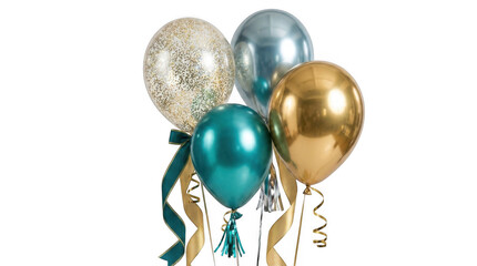 A bunch of shiny gold teal and silver balloons with curling ribbons for a birthday party or festive celebration isolated on transparent background © MDKHALILUR