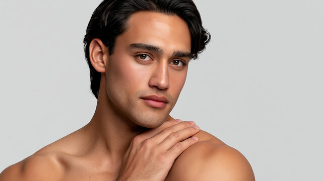 Modern wellness portrait of young man with bare shoulder, calm expression, and hand resting on skin against neutral background