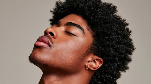 Modern wellness portrait of young man with closed eyes, relaxed expression, and natural curly hair in soft light