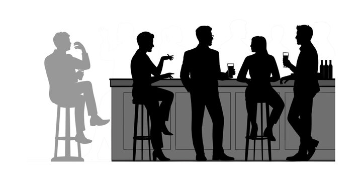 Silhouettes of people sitting and standing at a bar counter, drinking and socializing on white... de