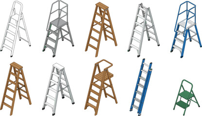 Isometric ladders vector set featuring wooden and metallic step ladders for construction maintenance warehouse and home improvement © MdSohel