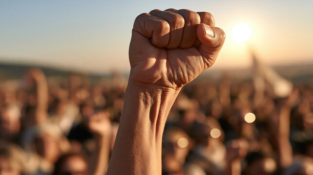 Raised fist silhouetted against glowing sunset above blurred crowd, expressing unity, strength, protest, and collective resistance