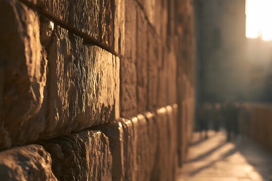 Closeup of a weathered stone wall with soft golden sunset light and blurred people in background