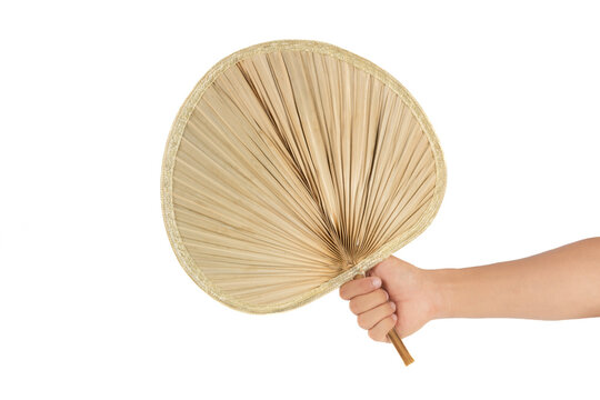 hand hold a traditional handcrafted palm leaf fan isolated on white background