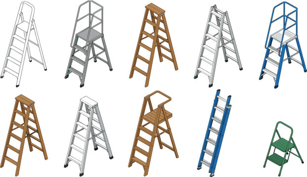 Isometric ladders vector set featuring wooden and metallic step ladders for construction maintenance warehouse and home improvement