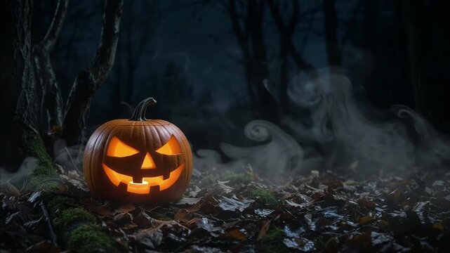 Creepy glowing jack-o'-lantern pumpkin sitting on the ground in a dark misty forest