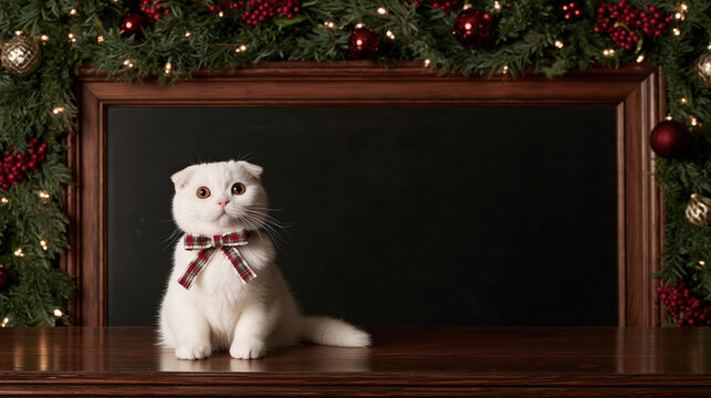Scottish Fold cat wearing festive holiday collar beside dark empty frame creates cozy seasonal scene with gentle expression
