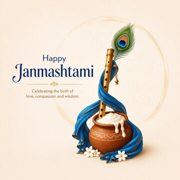 Creative Janmashtami social media post with Krishna flute and butter pot for celebration