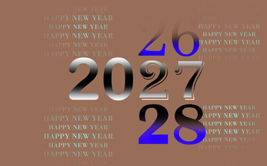 Happy New Year 2027 typography on brown background. Modern 2027 calendar year numbers with blue and silver gradients. Festive holiday banner. © Ali hasan