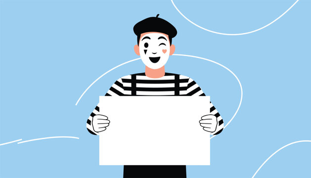 Happy mime artist in a striped shirt and black beret holding a blank white board for text on a blue background.