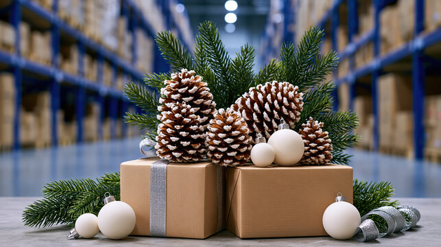 Warehouse aisle, cardboard box, pine cone and ornament arrangement