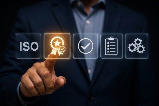Finger pressing glowing iso certification icon on virtual interface