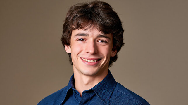 Young man smiling in modern wellness portrait against neutral background with relaxed confidence and healthy youthful energy