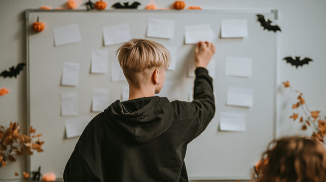 Young student arranging blank sticky note on whiteboard, viewed from behind with focused posture in decorated classroom