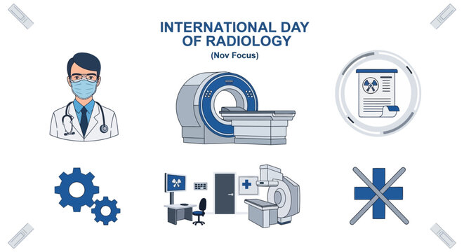 A collage of radiologythemed icons including a masked doctor an MRI scanner a report gears and lab equipment