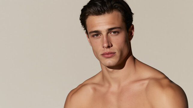 Young handsome man with healthy natural skin and serious expression, posing shirtless against neutral studio background