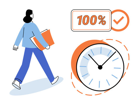 A person walking with a folder next to a clock and a hundred percent checkmark vector illustration. Productivity, time management, efficiency, deadline, success, planning. Woman moving with schedule