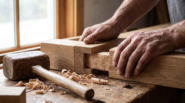 Timber-Framer Hands Fitting Mortise and Tenon Wood Joint