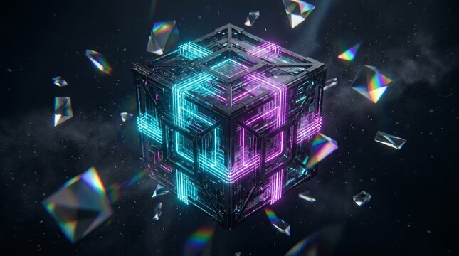 Futuristic Quantum Core Cube with Glowing Cyan and Magenta Neon Lines. Floating Sci-Fi Tech Artifact Surrounded by Refractive Crystal Shards in Deep Space.