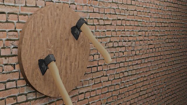 Axe Throwing with Three Axes Hitting Wooden Board, 3D rendering