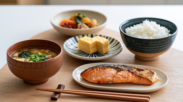japanese breakfast set with grilled salmon, rice, dashimaki, natto, and miso soup
