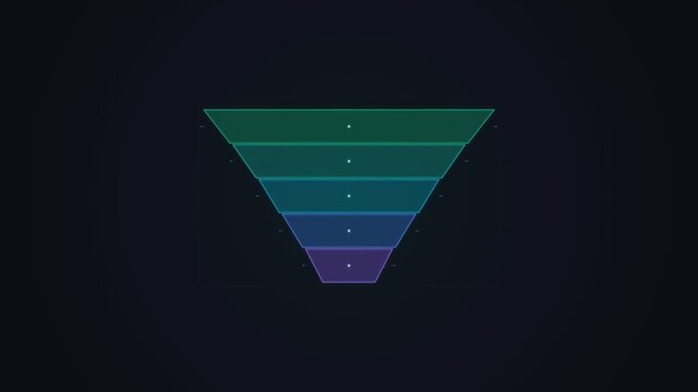 Clean 4K textless animated data funnel conversion chart featuring multi-stage tapered trapezoids, emerald to violet stage progression, central laser flow sweep, telemetry node indicators, and dark sla