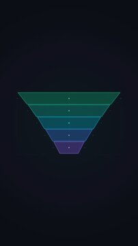 Clean 4K textless animated data funnel conversion chart featuring multi-stage tapered trapezoids, emerald to violet stage progression, central laser flow sweep, telemetry node indicators, and dark sla