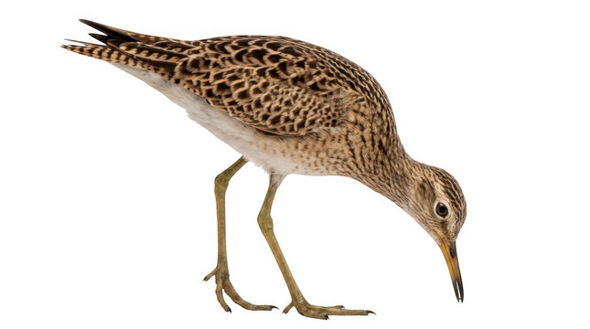 A small brown sandpiper bird standing and looking for food on the ground isolated on transparent background
