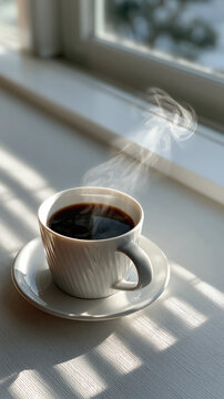 Hot drink cup saucer steam window sunlight shadow beverage morning table
